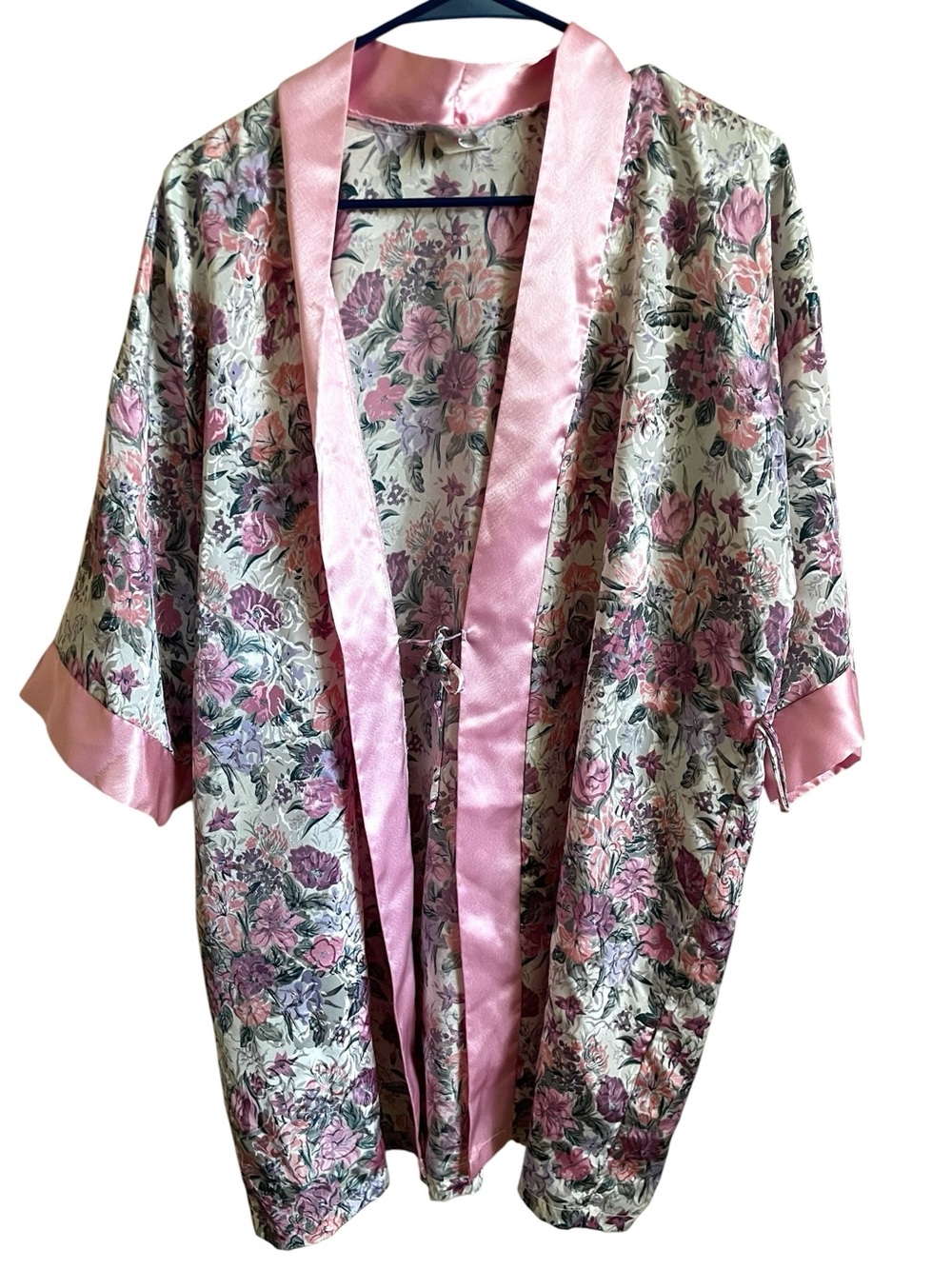 Vintage 90s L.A. Intimates Floral Satin Kimono Robe with Pink Trim